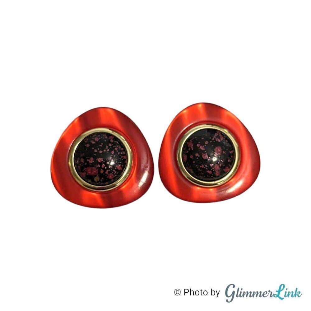 Vintage Pearled Red & Black Rounded Edge Triangular Button Pierced Earrings